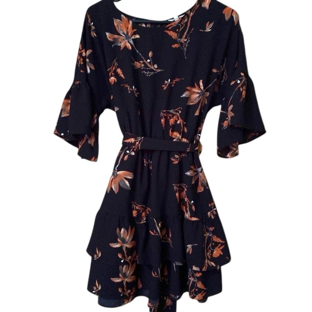 Le Lis Boho Floral Dress Tie Waist Black Orange Medium